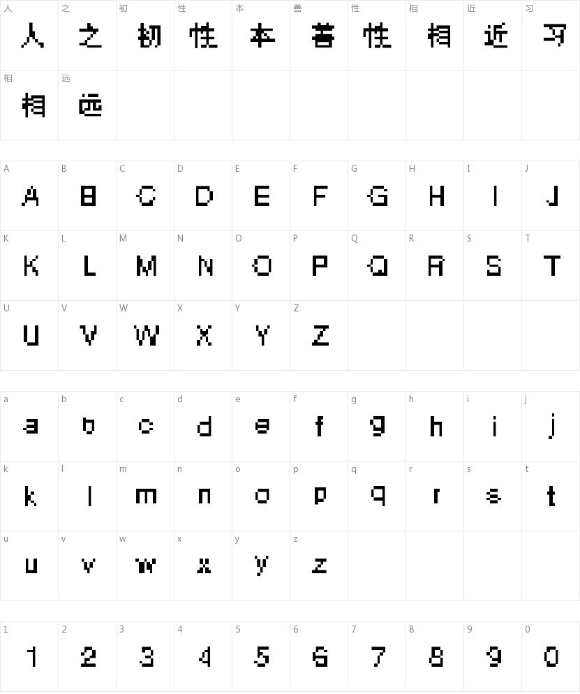 方正点阵冯简体的字符映射图