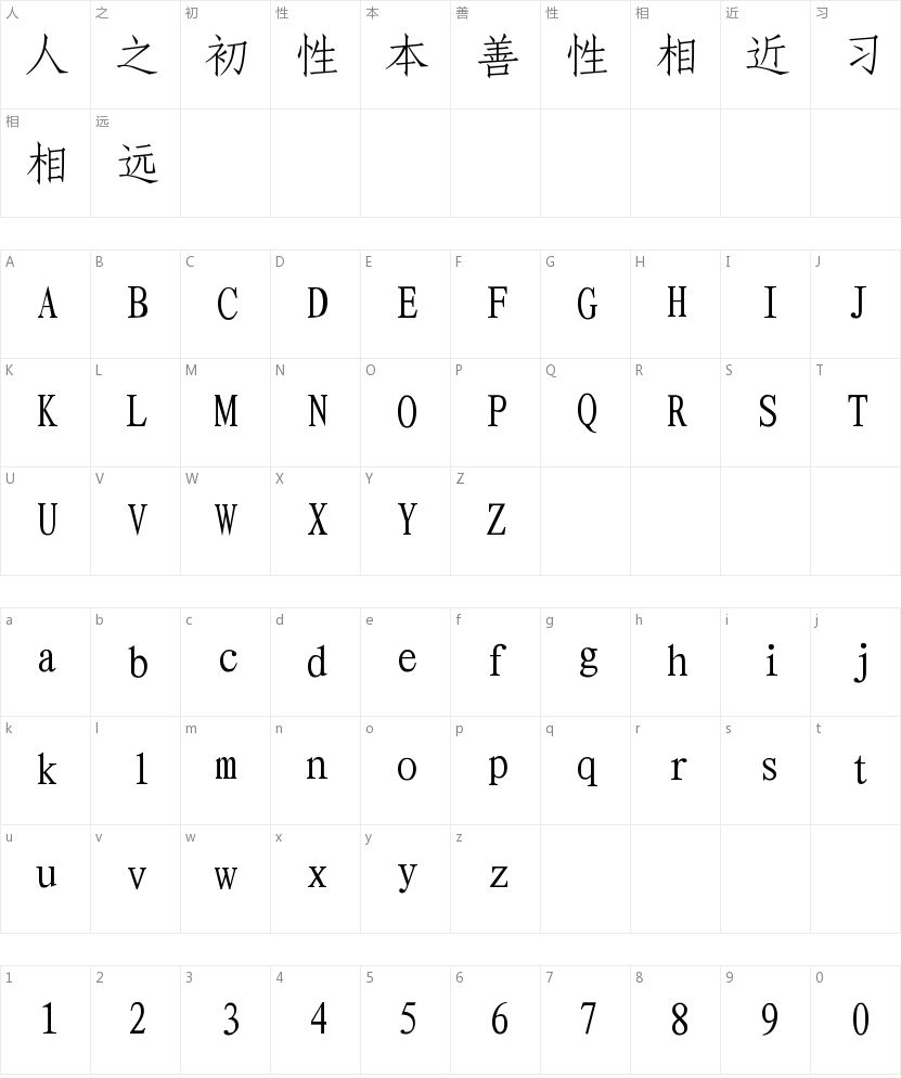 新华仿宋体的字符映射图