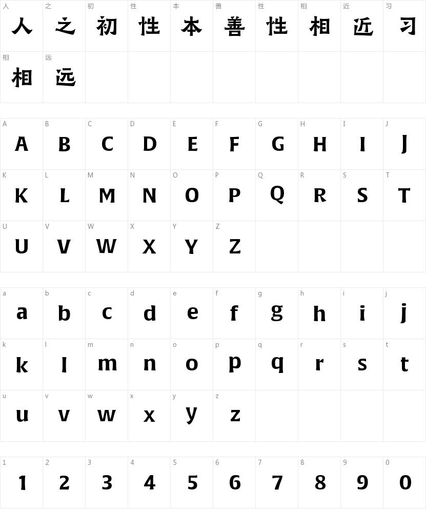 方正黑变简体的字符映射图