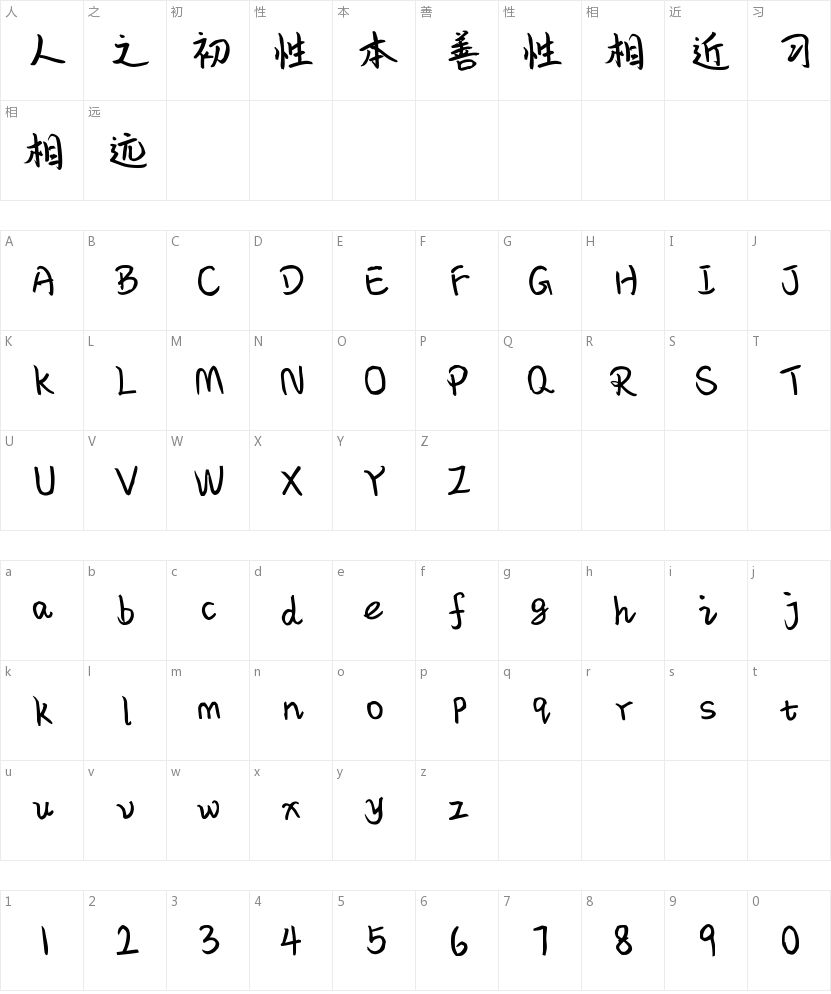 汉仪赵丽颖体简的字符映射图