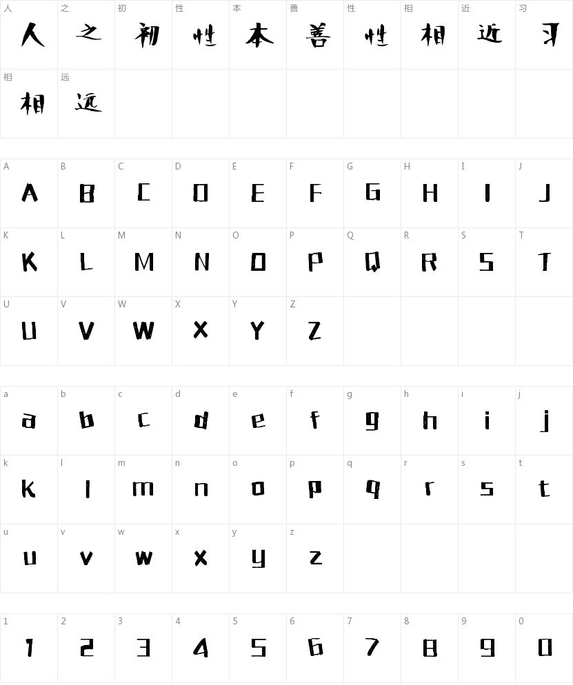 方正手迹-笨黑体的字符映射图