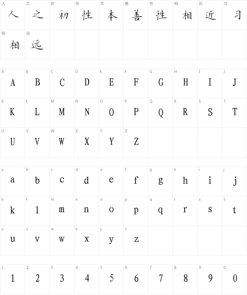 方正字迹-子实正楷 简的字符映射图