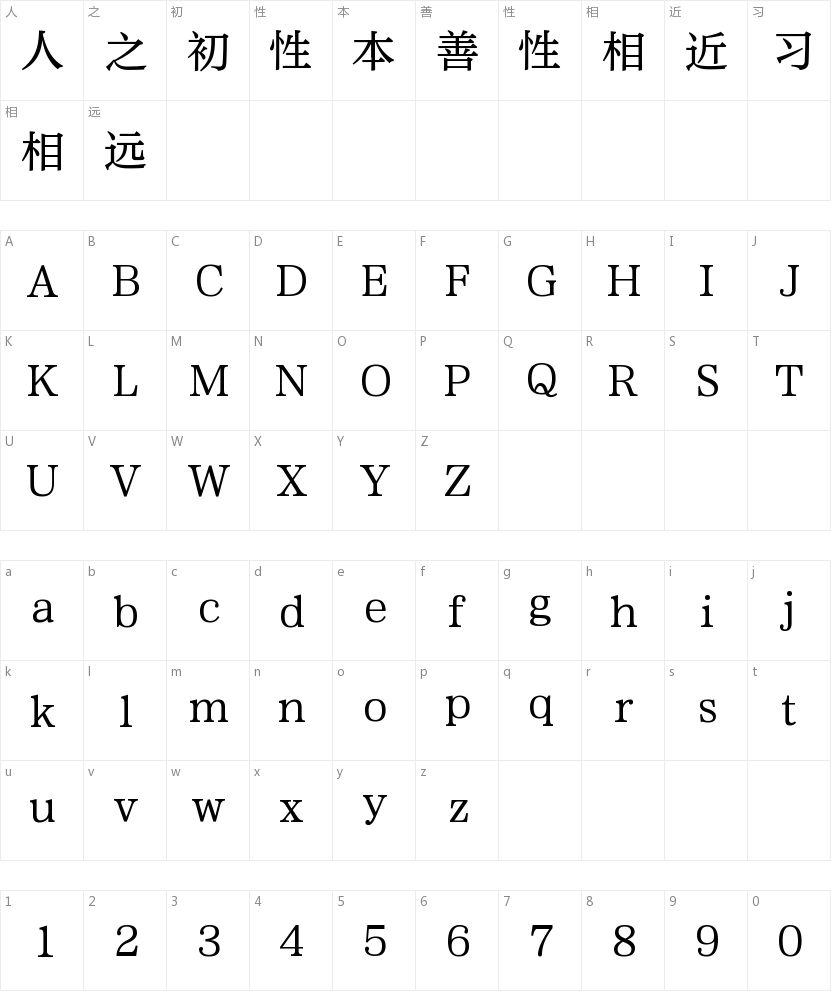 方正屏显雅宋简体的字符映射图