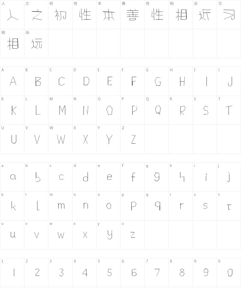 方正手绘简体_细的字符映射图