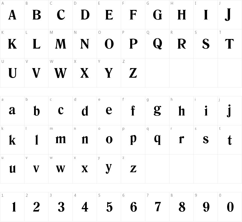 RomanaBT Bold的字符映射图