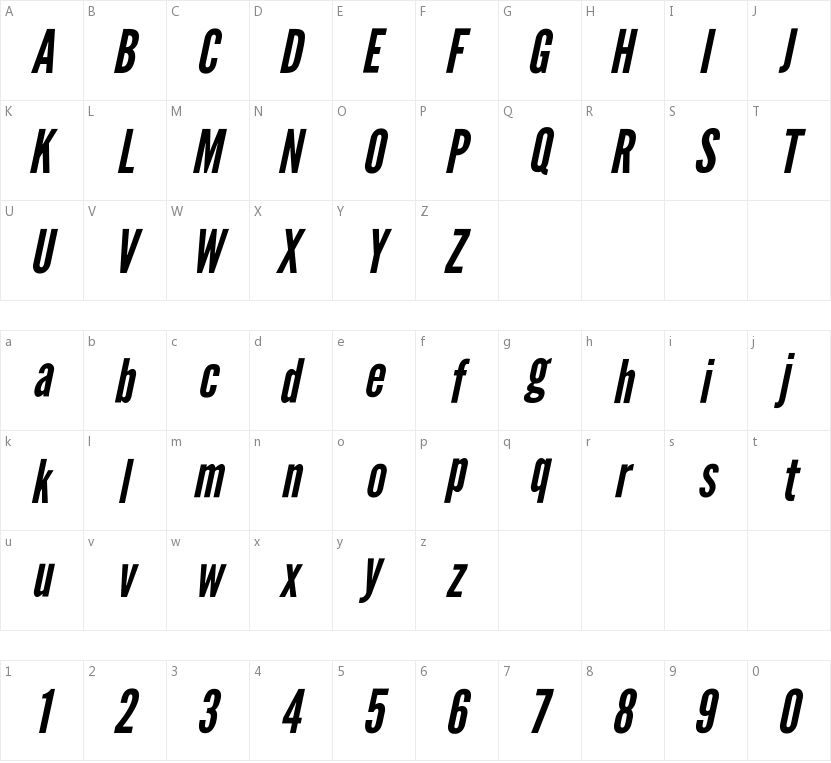 League Gothic Italic的字符映射图