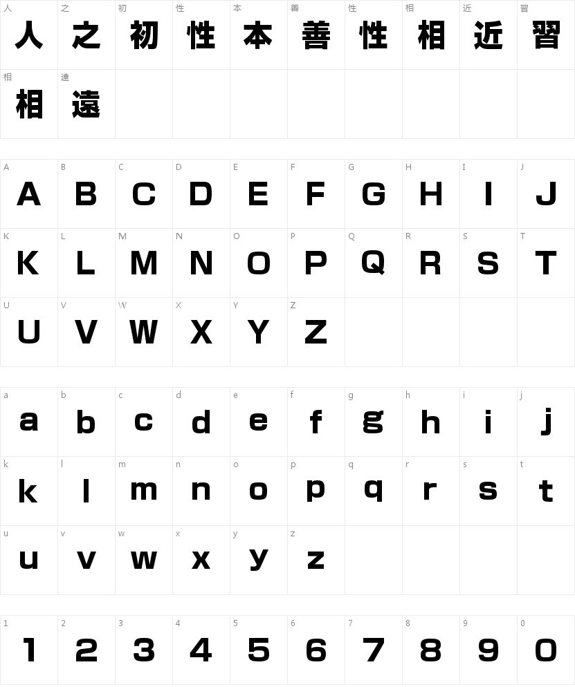 A-OTF 新ゴ Pr6N H的字符映射图