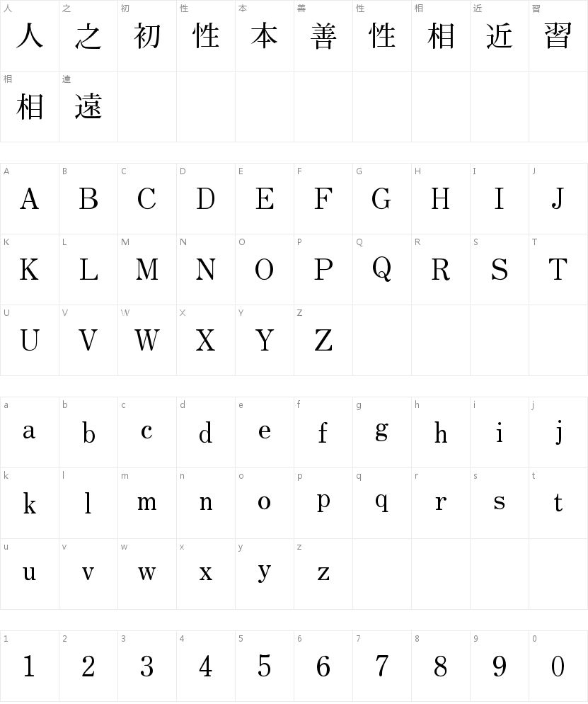 A-OTF 太ミンA101 Pr6N Bold的字符映射图