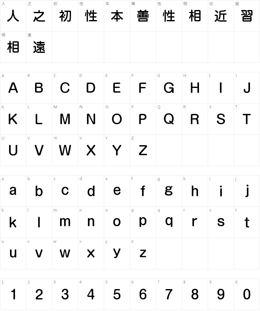 A-OTF 新丸ゴ Pro M的字符映射图