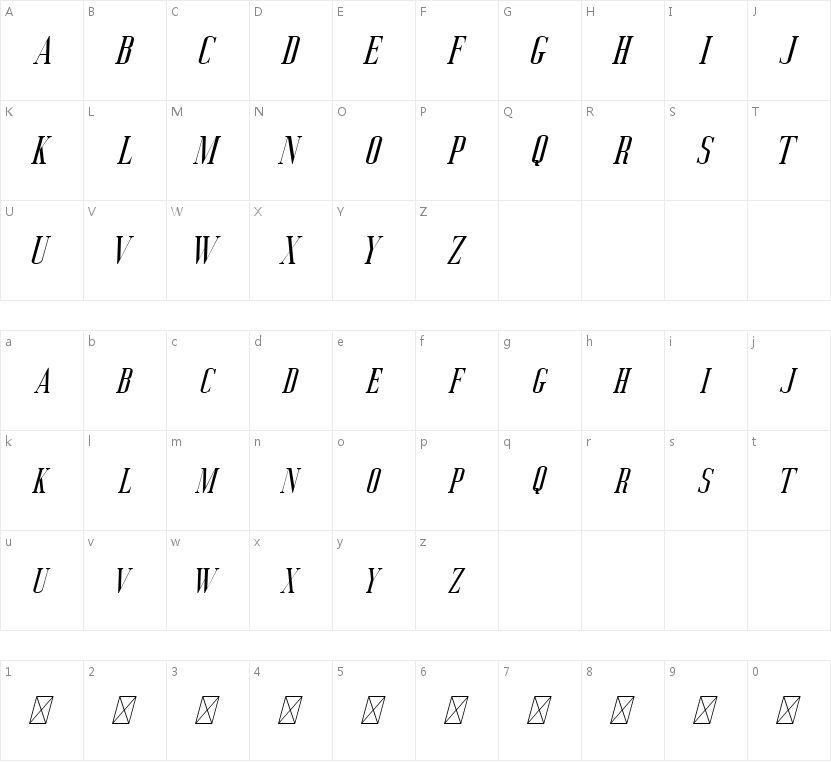Deluce Italic的字符映射图