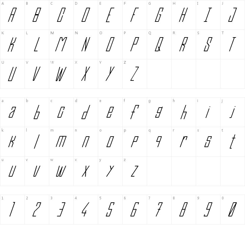 Efesto RegularItalic Italic的字符映射图