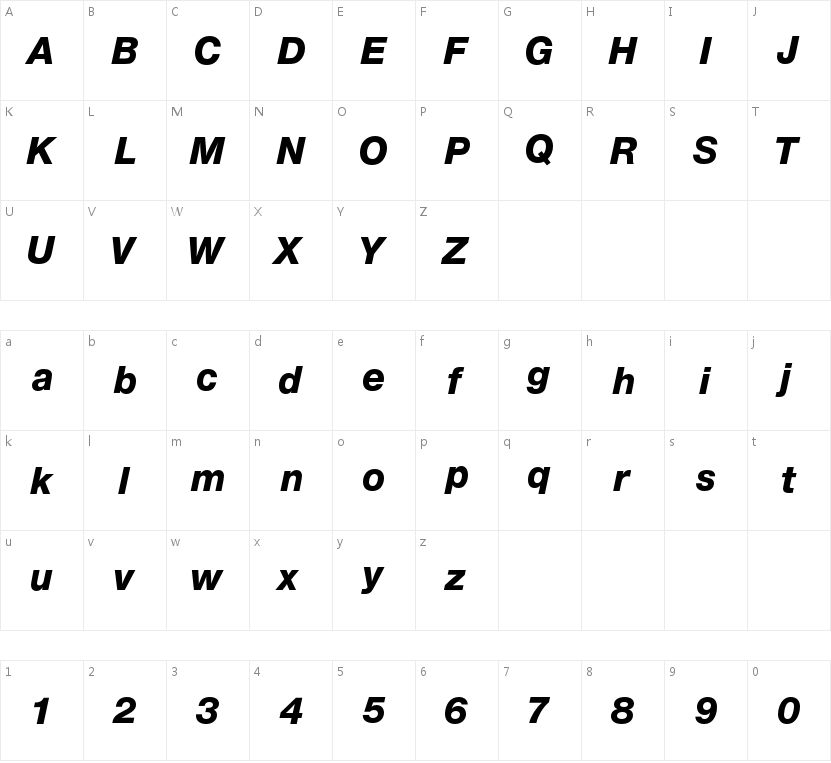 Nimbus Sans Nov T OT Heavy Italic的字符映射图