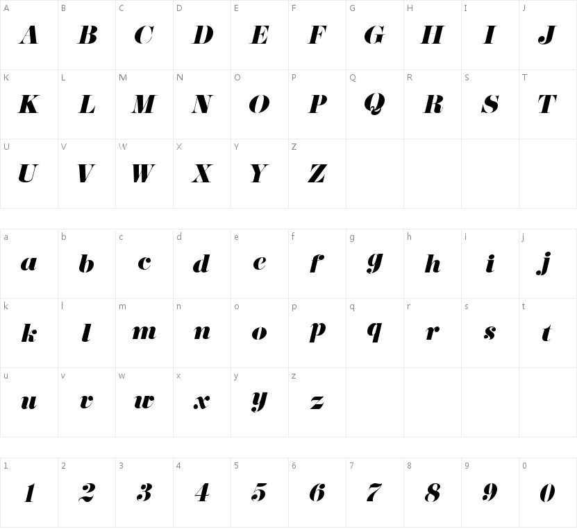 Eloquent JF Italic Pro的字符映射图