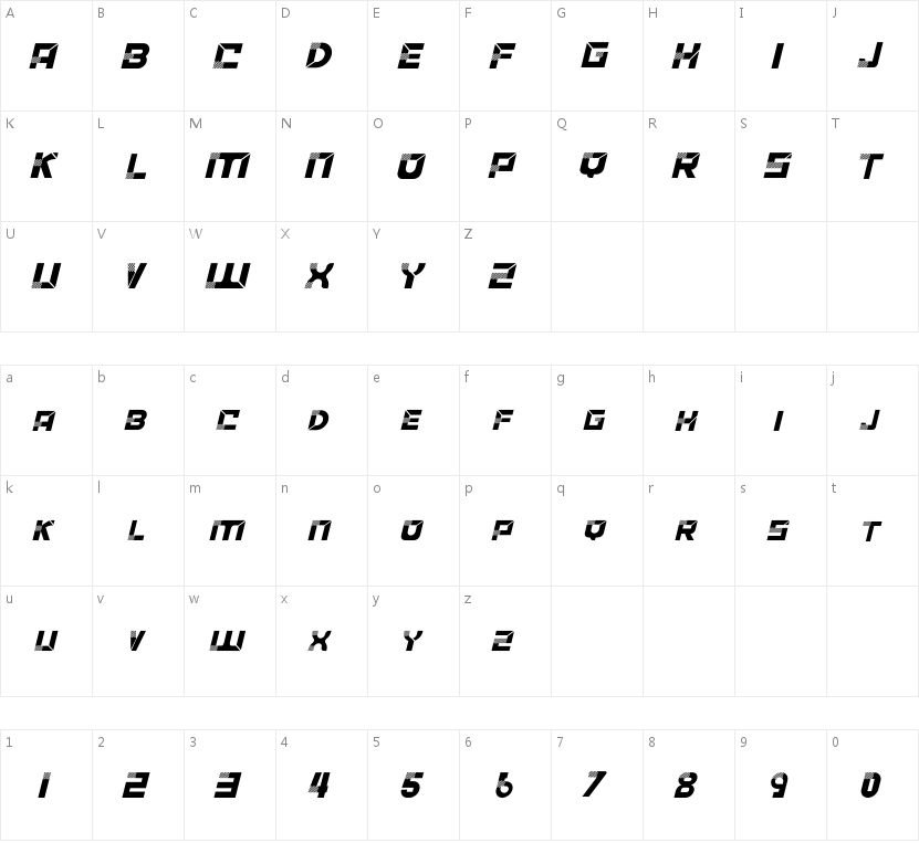 ACCELERARE Italic的字符映射图
