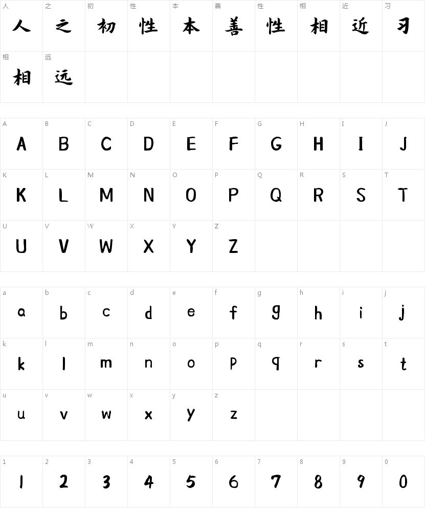 字魂九州真书的字符映射图
