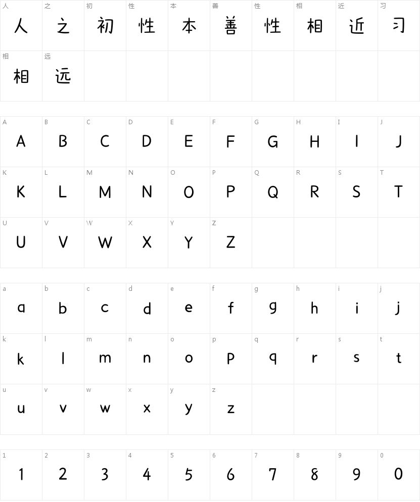 汉仪天真体的字符映射图