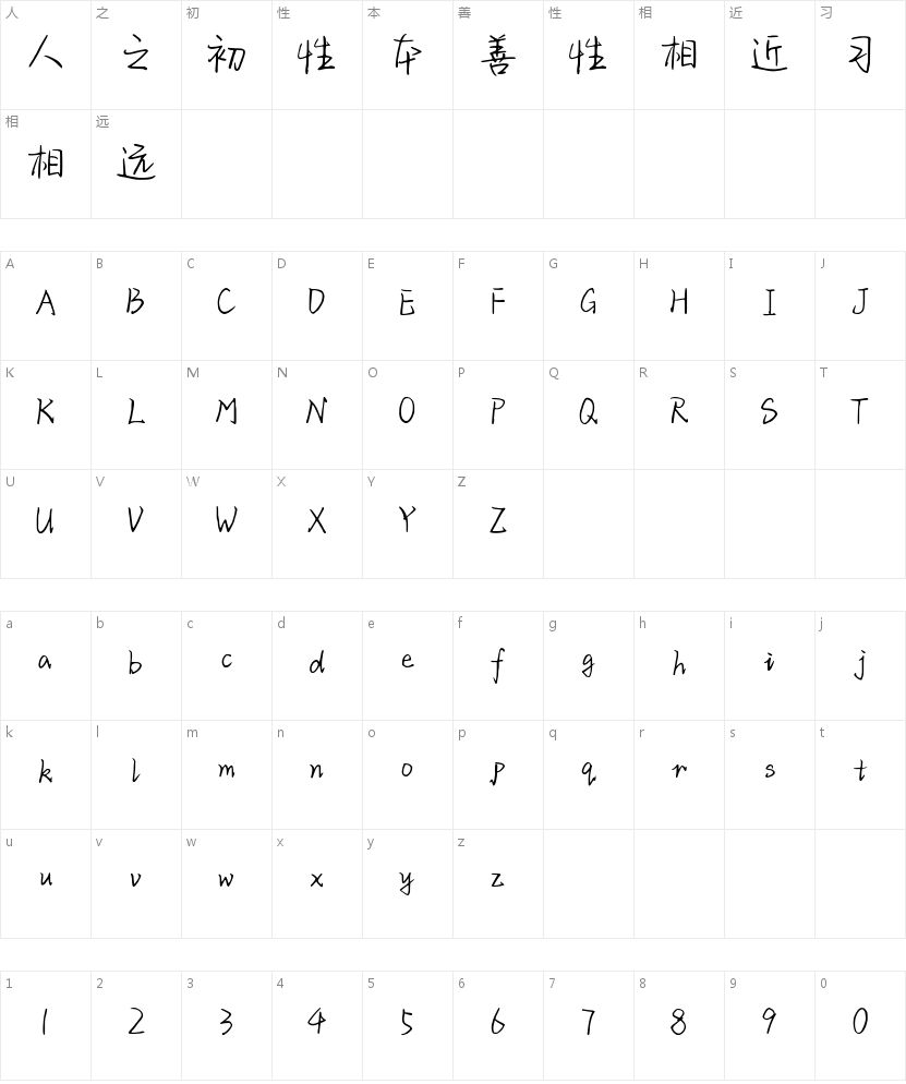 字语清烟体的字符映射图