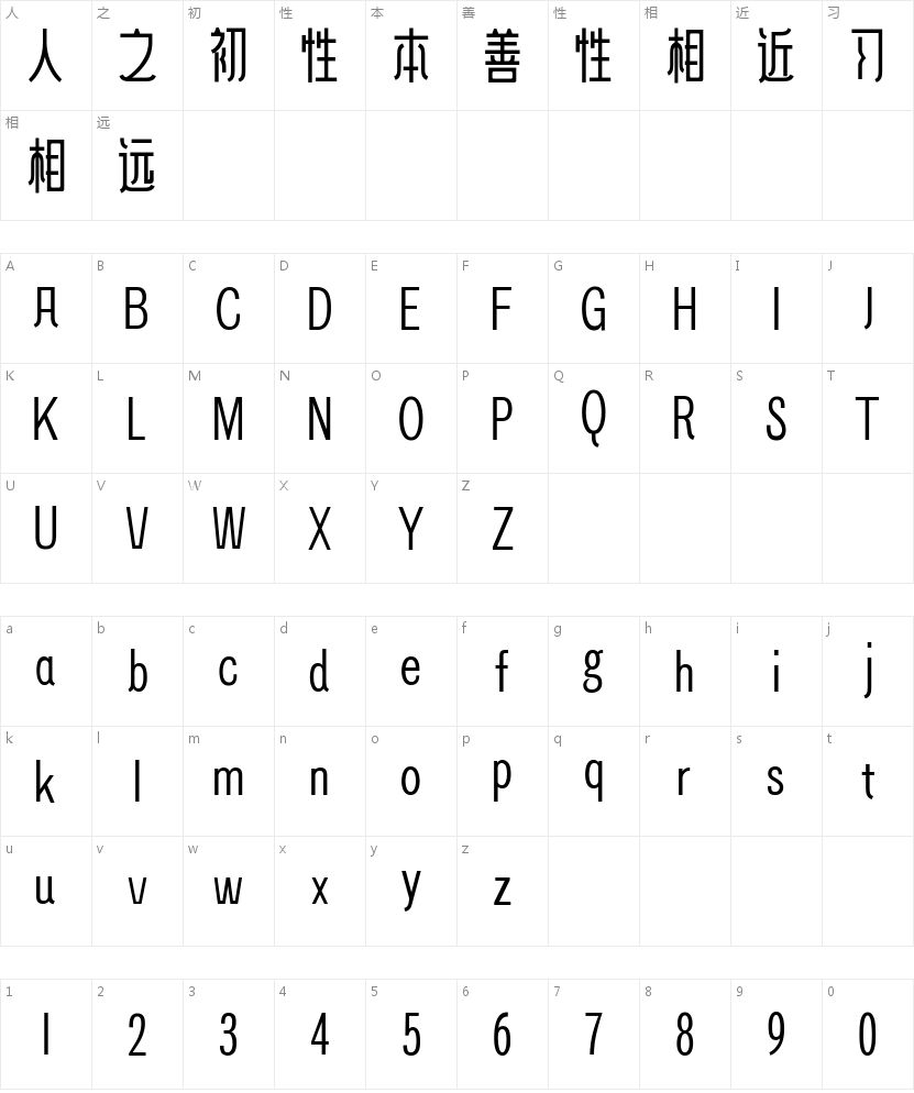 三极叉戟简体的字符映射图