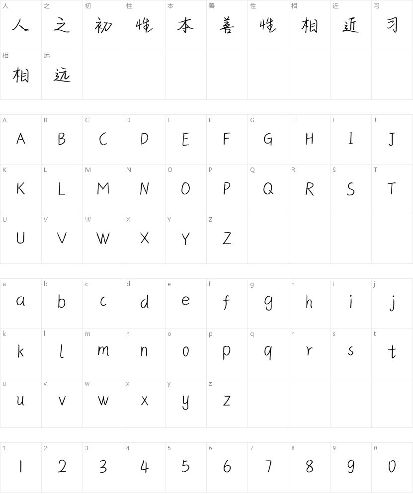 上首迎风手写体的字符映射图