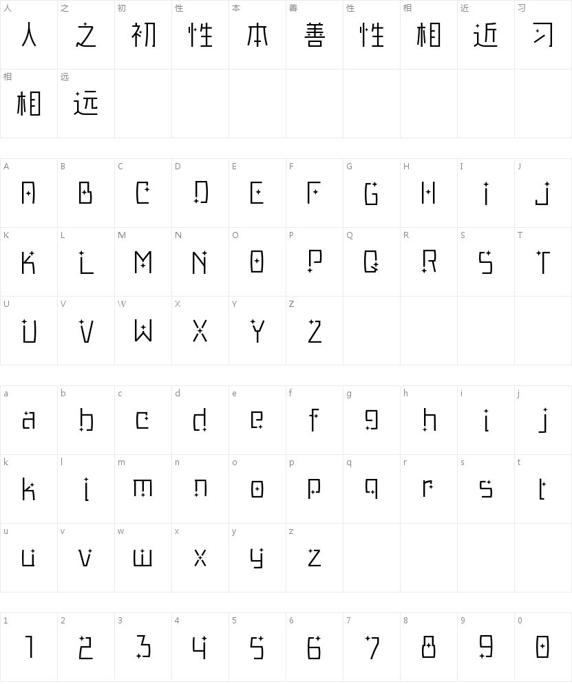 GEETYE歌留多繁星体-闪 细体的字符映射图