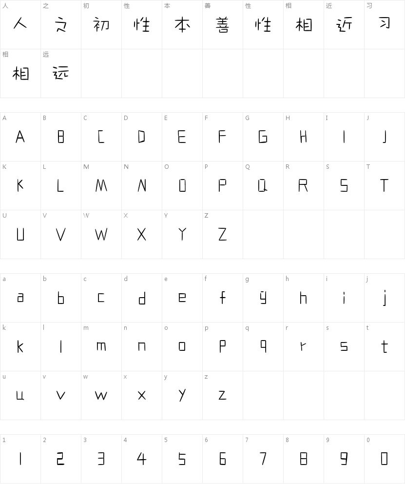 文道火柴体的字符映射图