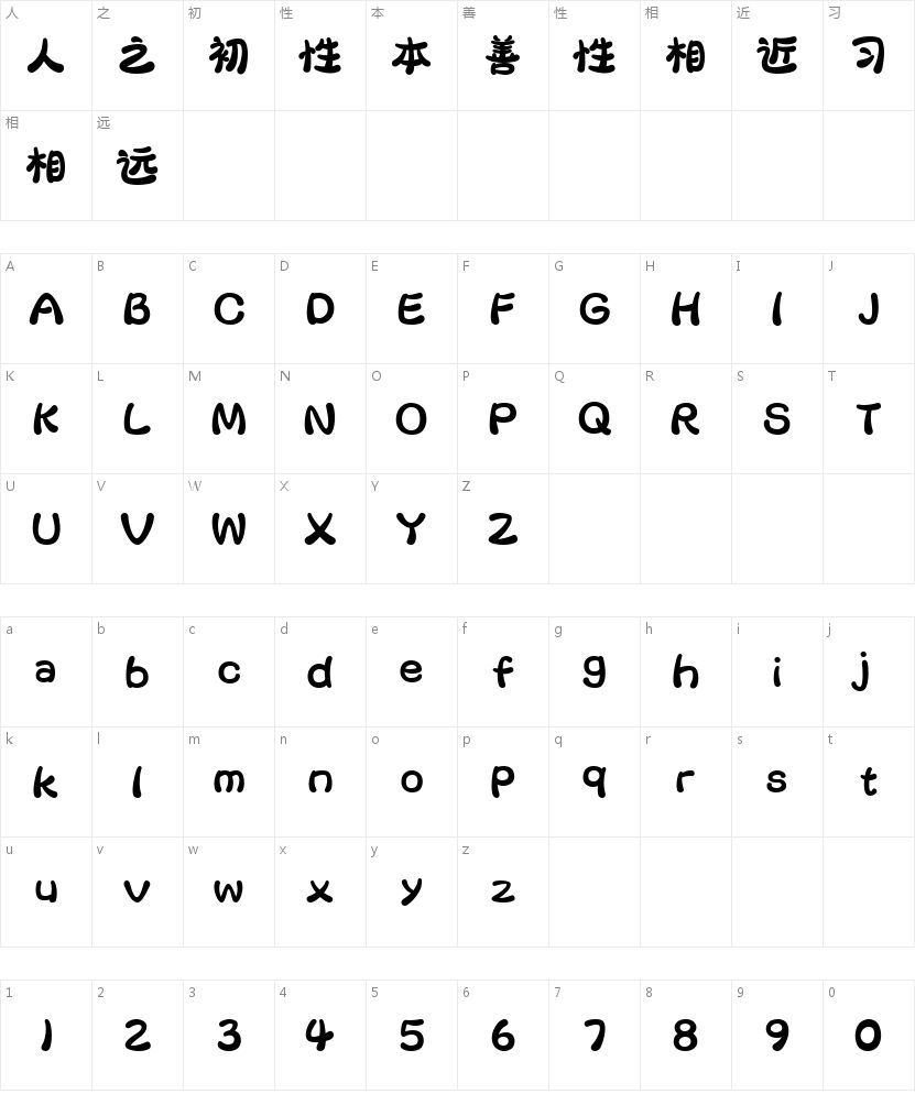 字小魂萌熊体的字符映射图