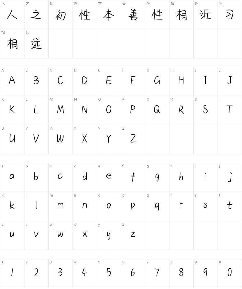 日系可爱情书体的字符映射图