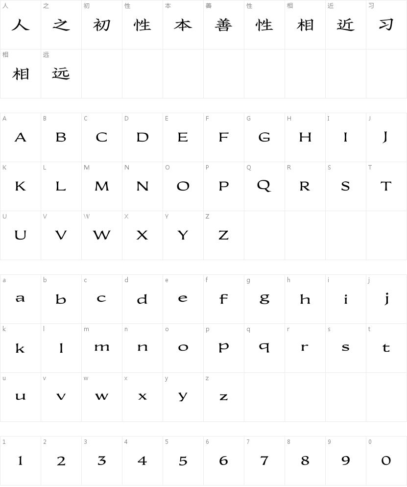 汉仪弦月楷 简的字符映射图
