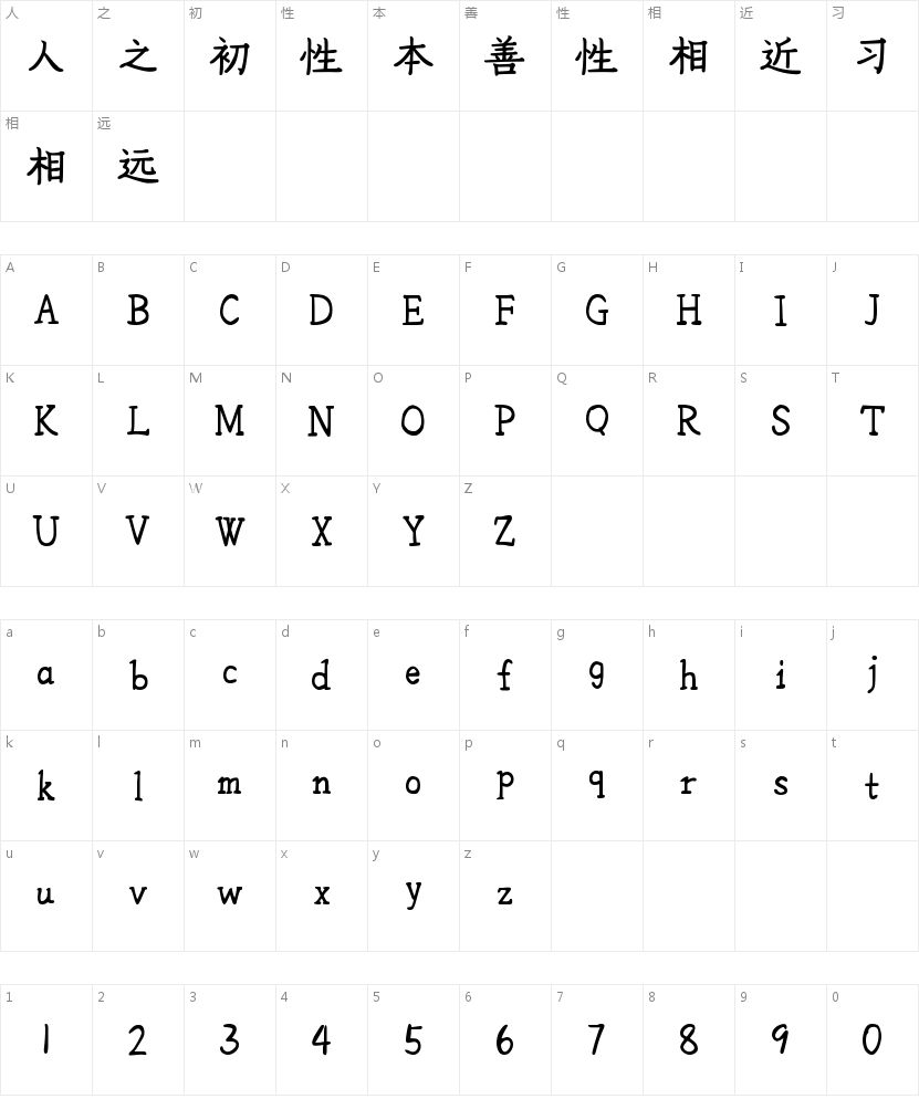 花间辞楷书的字符映射图