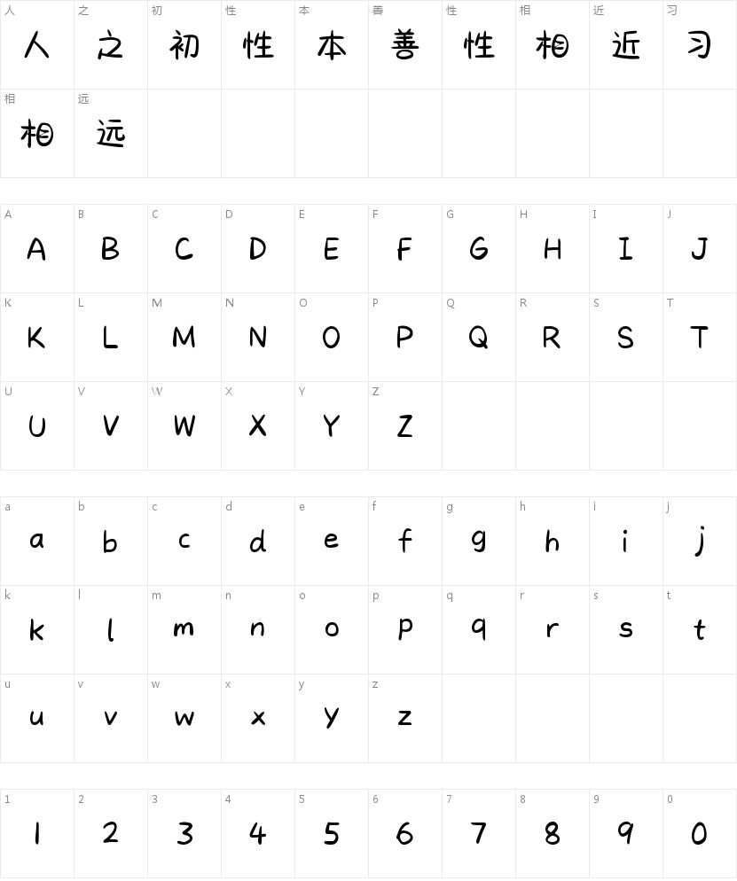 小熊芝芝奶贝体的字符映射图