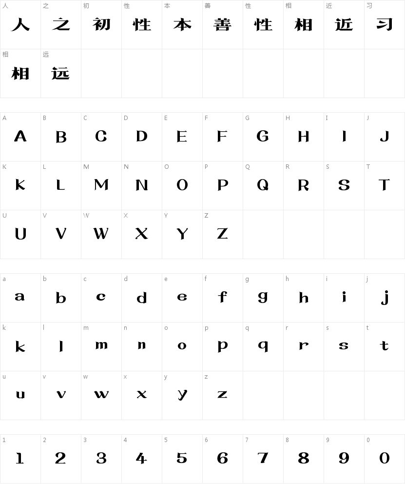 上首墨宋体的字符映射图