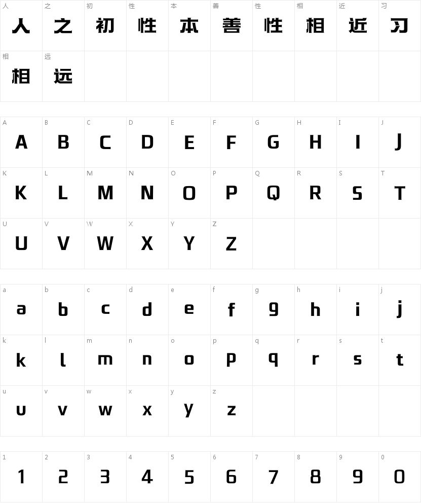 汉仪永字潜水艇 75J的字符映射图