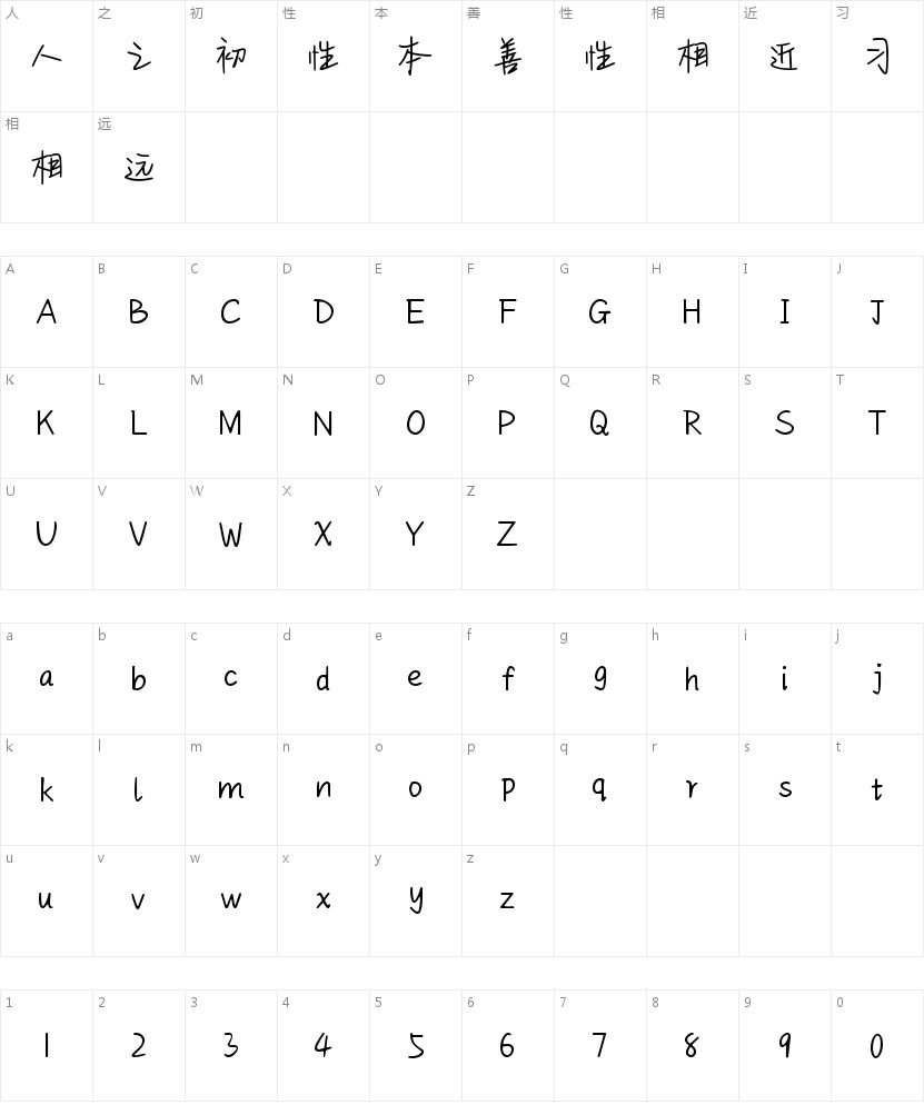 兵克清秀体的字符映射图