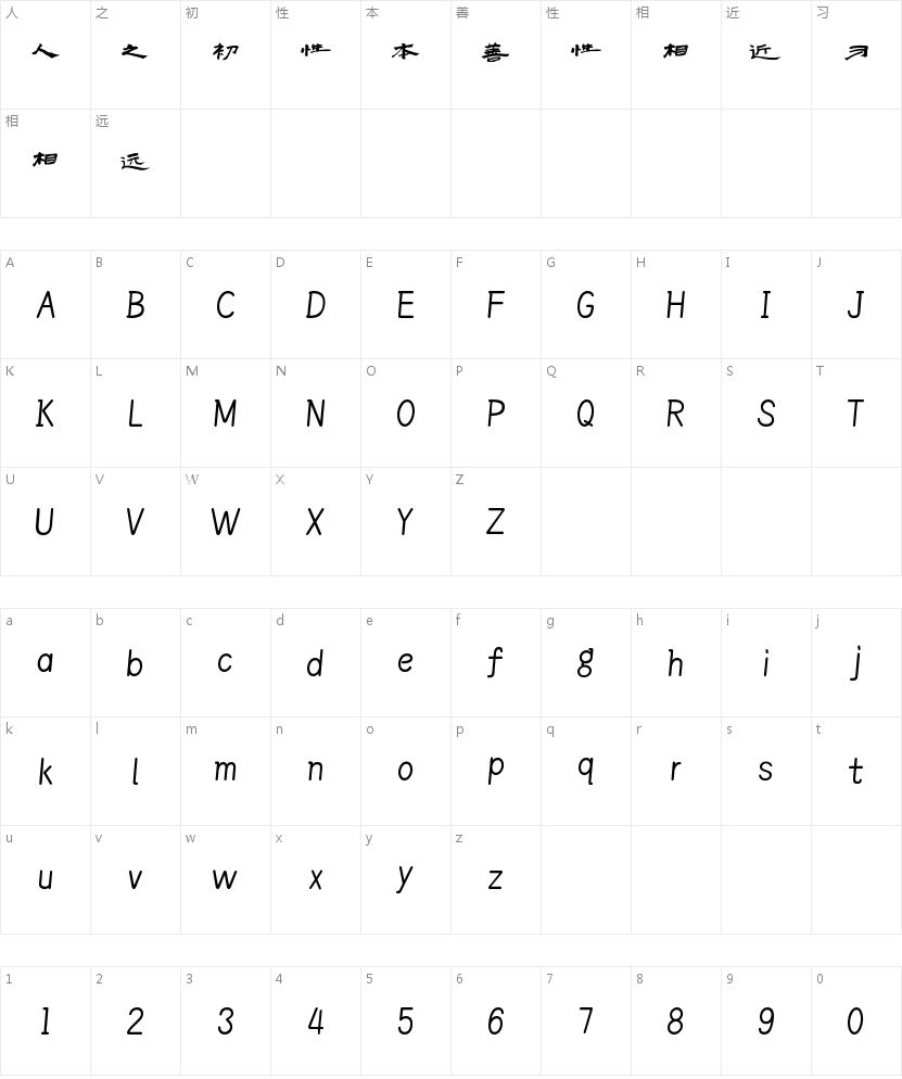 百家造字小隶体的字符映射图