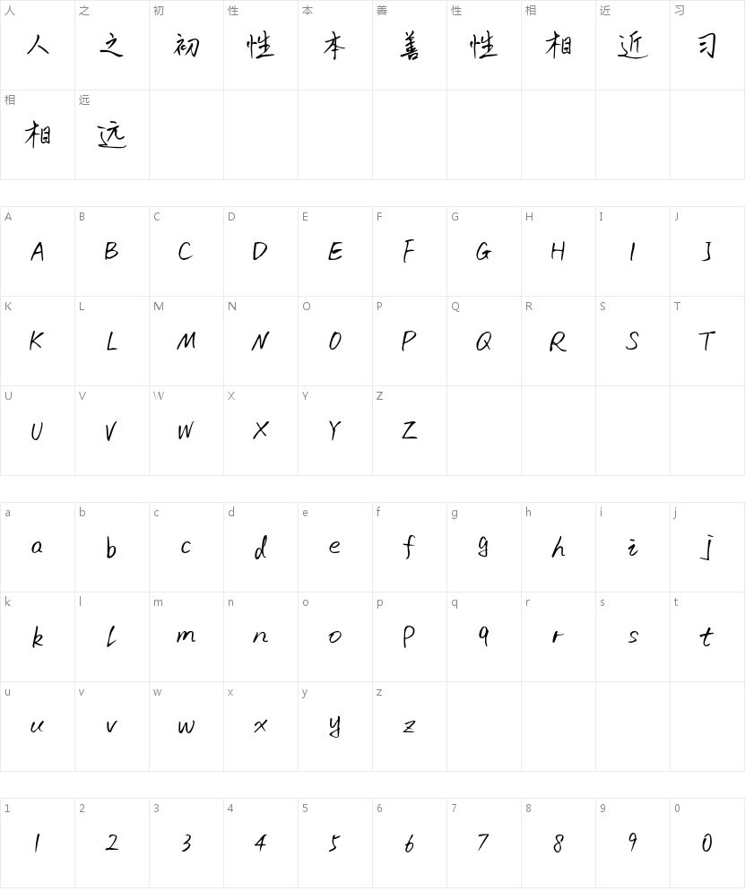 字小魂初林体的字符映射图