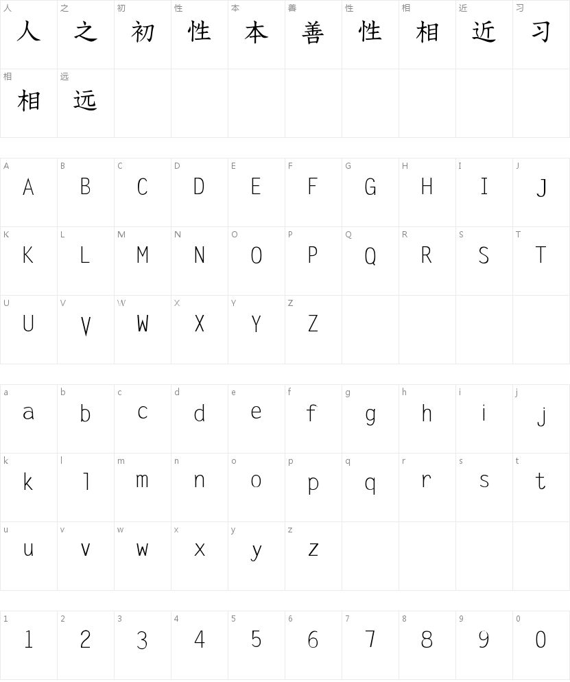 汉呈王天喜雅楷字体的字符映射图