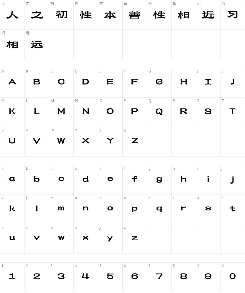 上首锦云体的字符映射图