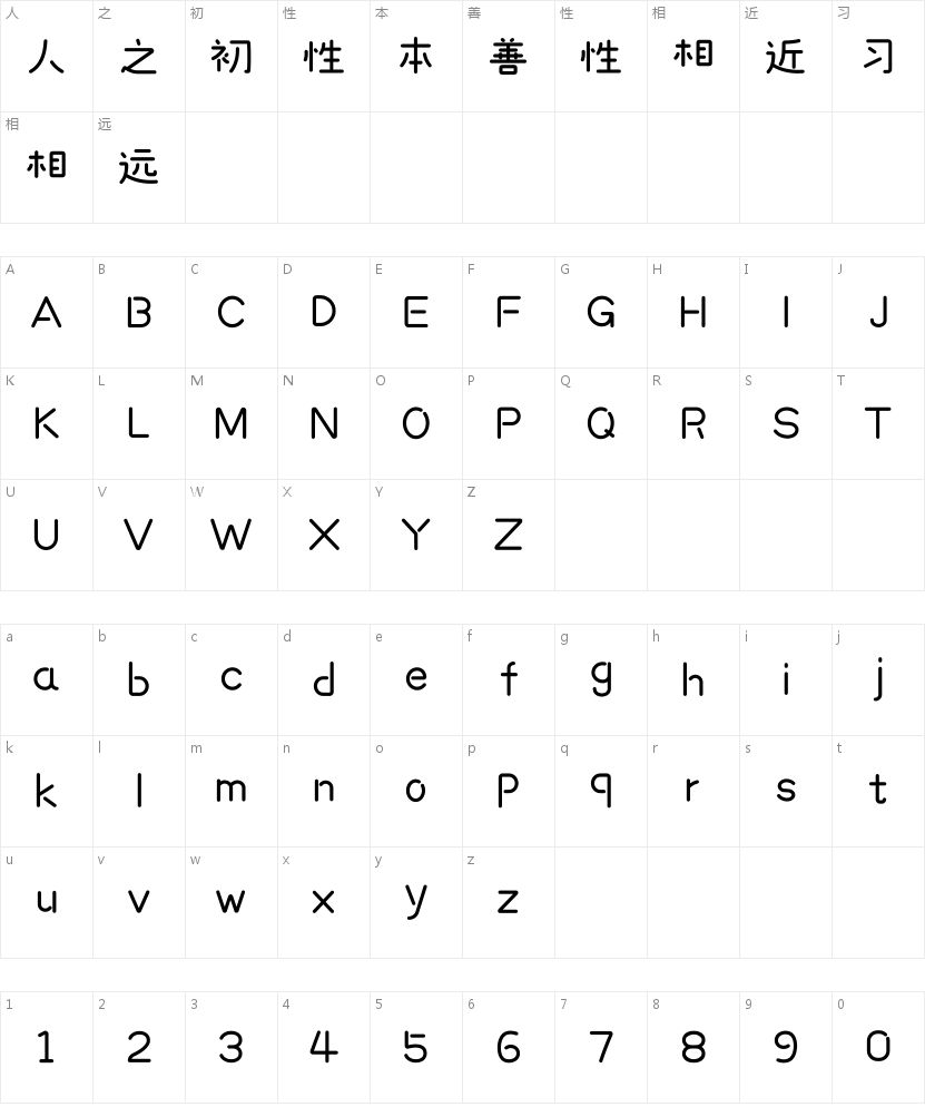 胡晓波幼稚体的字符映射图