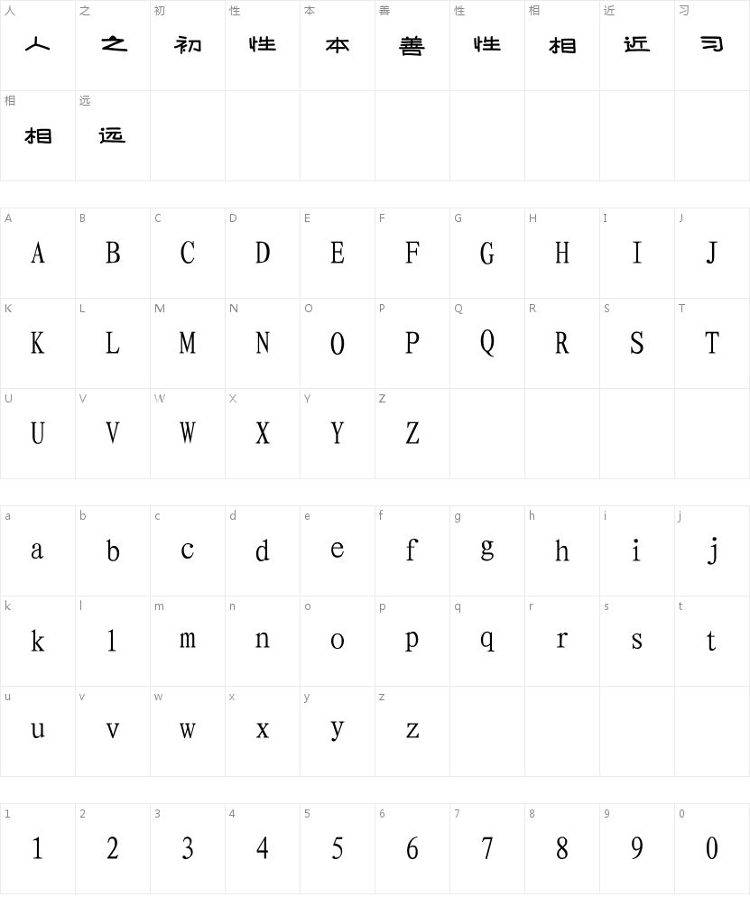 君安海报简体的字符映射图