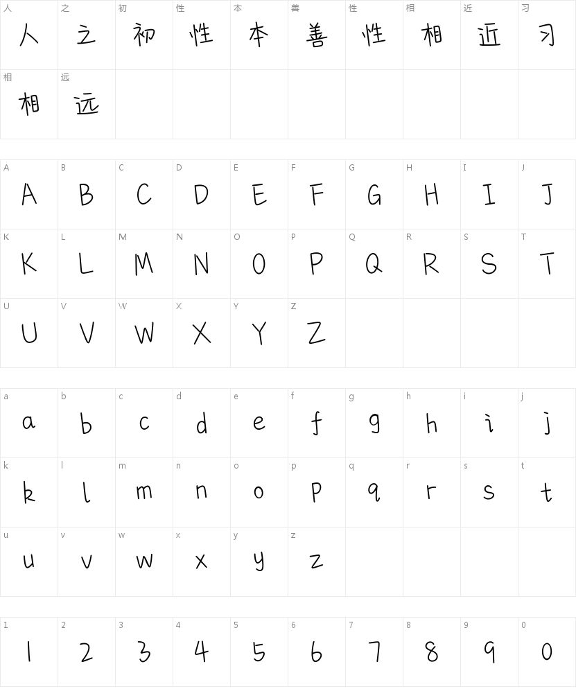 兔兔棉花糖手写体 Italic的字符映射图