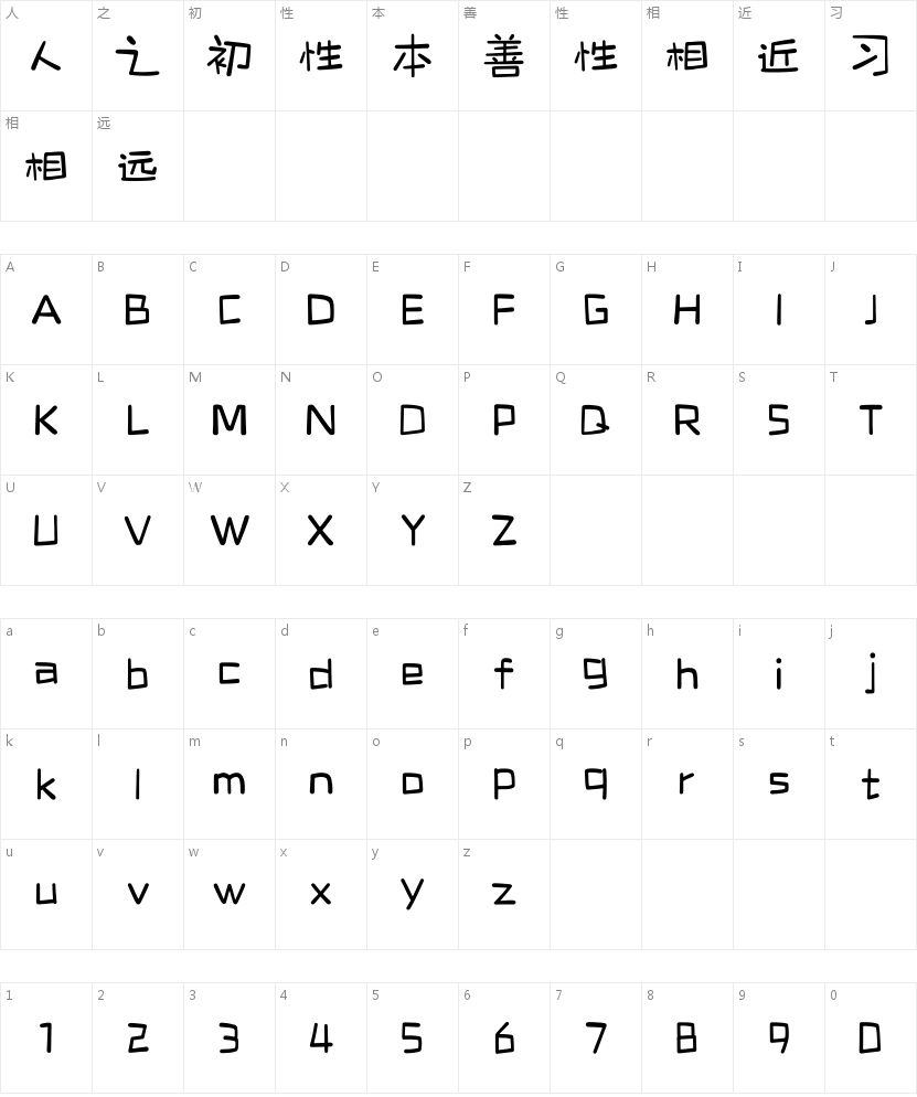 上首童真体的字符映射图