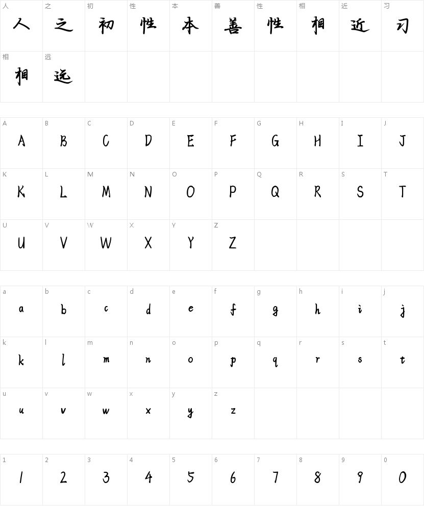 雅韵行楷的字符映射图