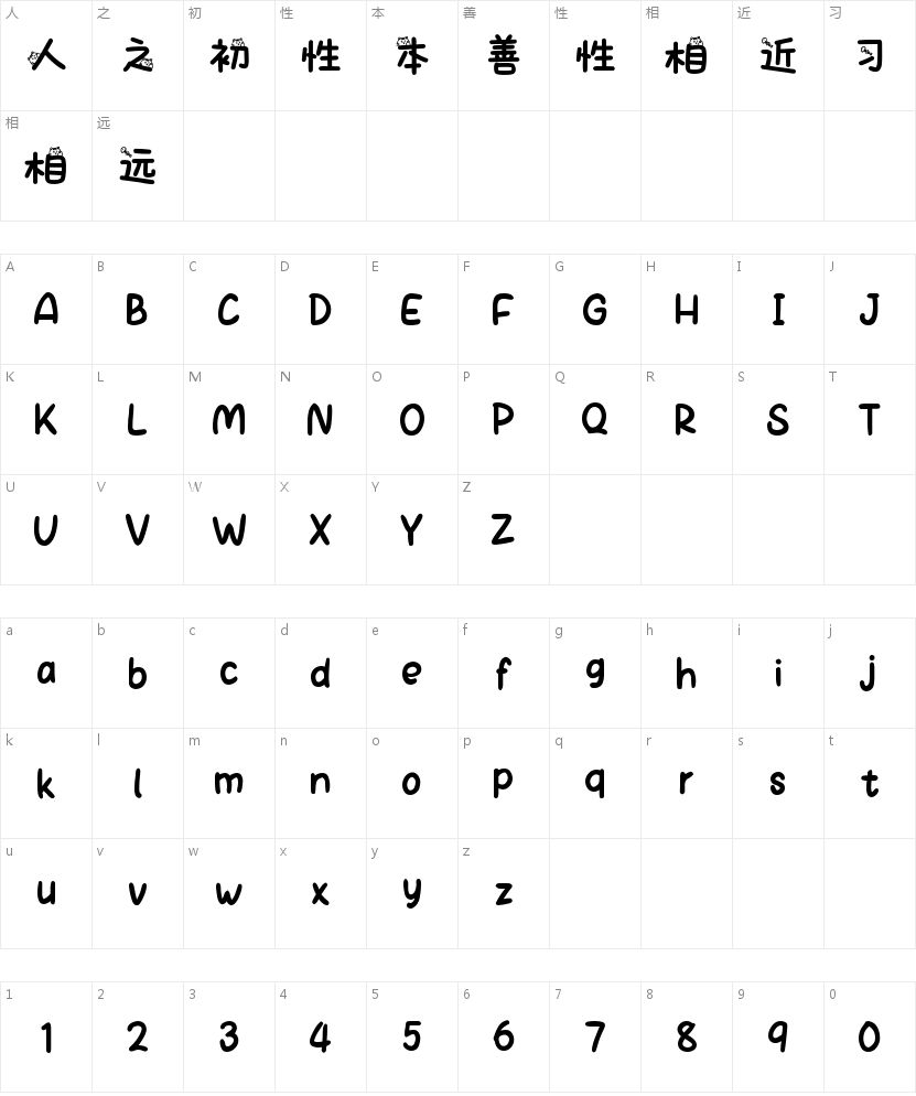 Aa快乐牌的小猫药丸的字符映射图
