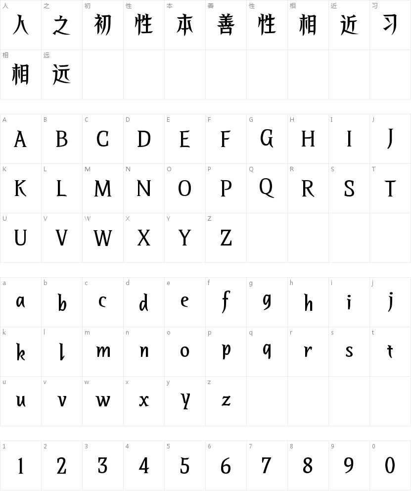 Aa如意琳琅楷宋的字符映射图