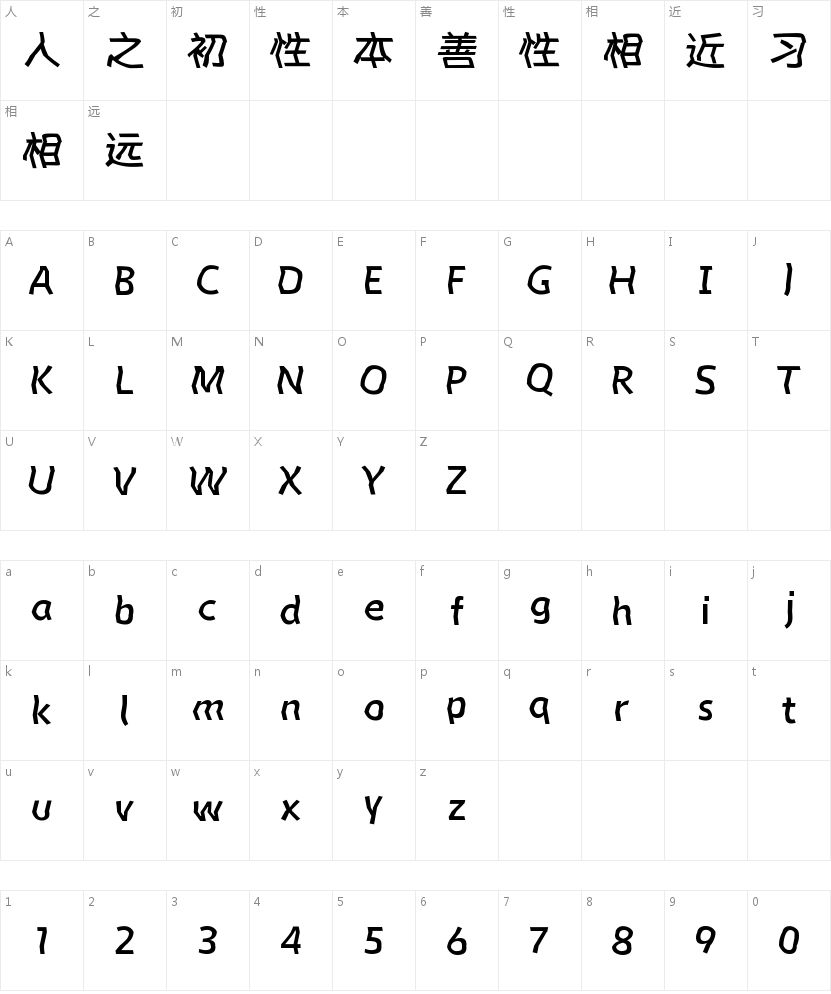 Aa三折叠黑体的字符映射图
