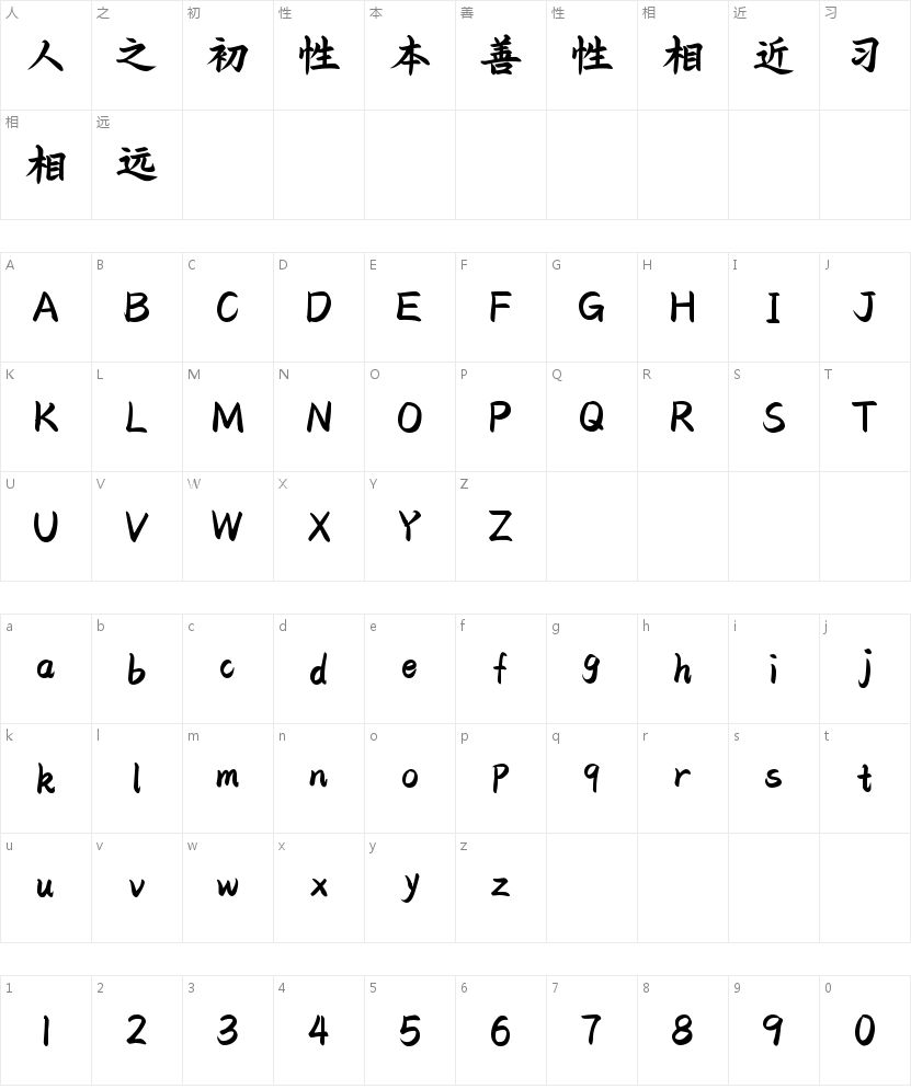 Aa山茶日记 超清楷书的字符映射图