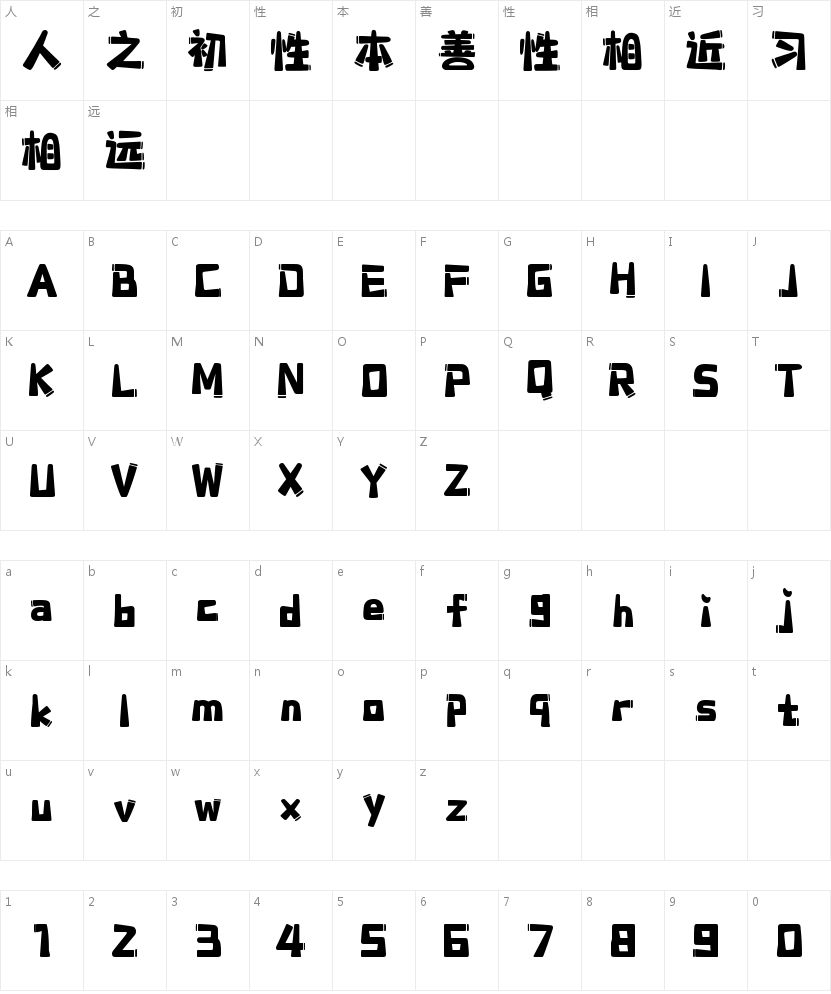 上首浣熊体的字符映射图