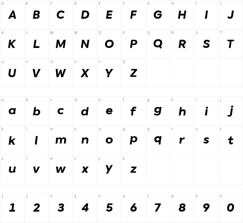 HFFrutta-Italic-B的字符映射图