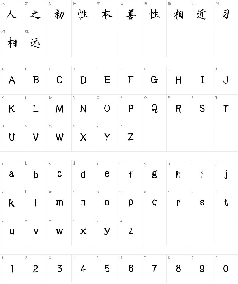 歡喜瘦金的字符映射图