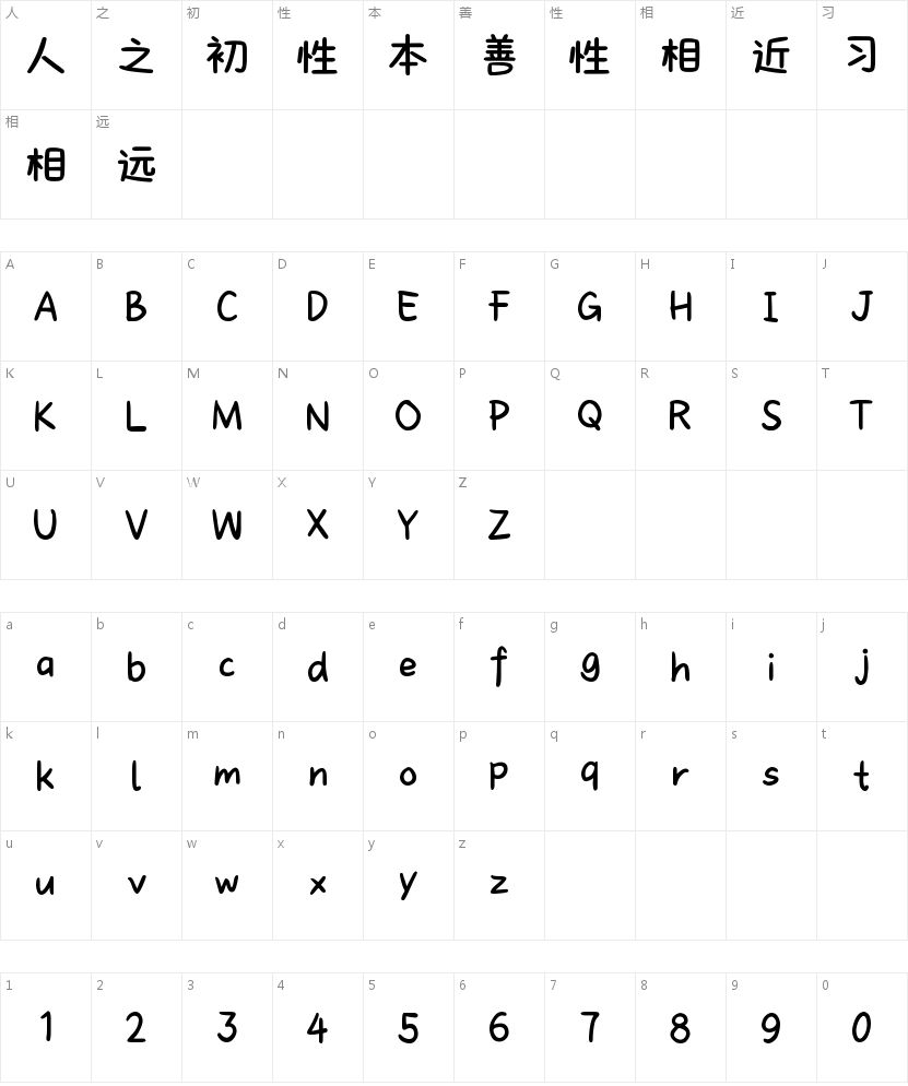 磨砂小方可爱体的字符映射图